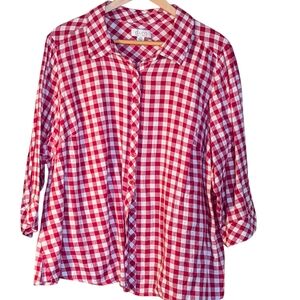Red Gingham Check Button Up Blouse D & Co. 2X Cotton Country Cottagecore Cowgirl